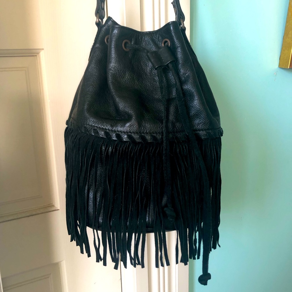 Ecote black leather Fringe Bucket Bag Drawstring